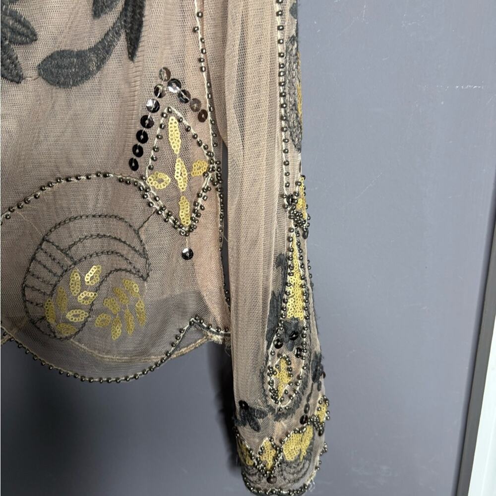 Endless Rose Tan and Gray Sheer Mesh Long Sleeve Top Beading & Embroidered Sz S - Picture 4 of 6